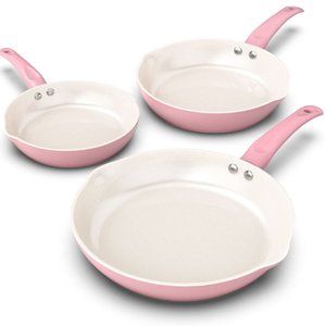 IMARKU: 3 pc - CERAMIC NONSTICK FRYING PAN SET  (8"+9.5"+11") (Pink)